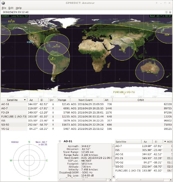 gpredict 卫星预测程序显示了被跟踪卫星的覆盖区域